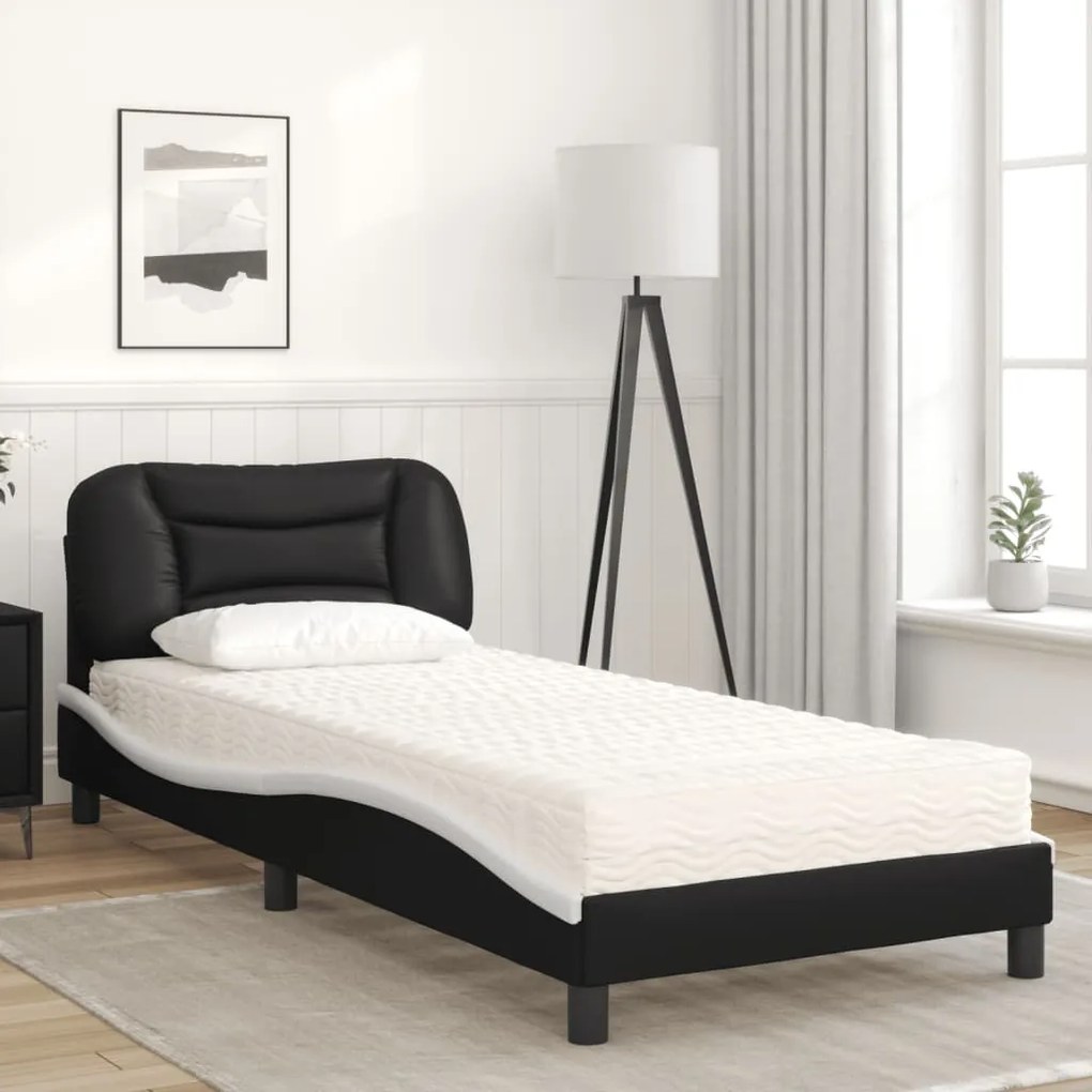 Letto con materasso nero e bianco 90x200 cm in similpelle