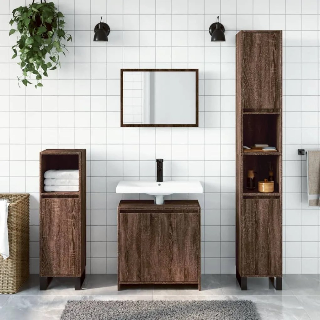 Set mobili da bagno 2 pz rovere marrone in legno multistrato