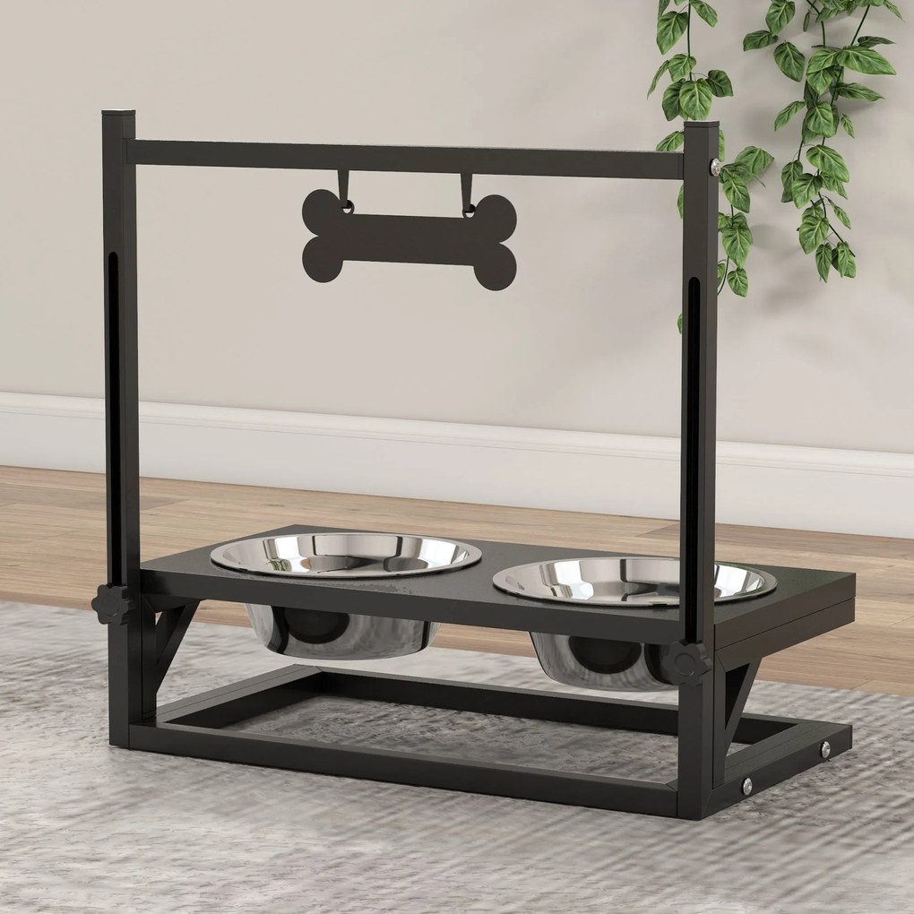Portaciotole per Cani Rialzata con Altezza Regolabile 40,5x22x39 cm 2 Ciotole in Acciaio da 900ml Nero...