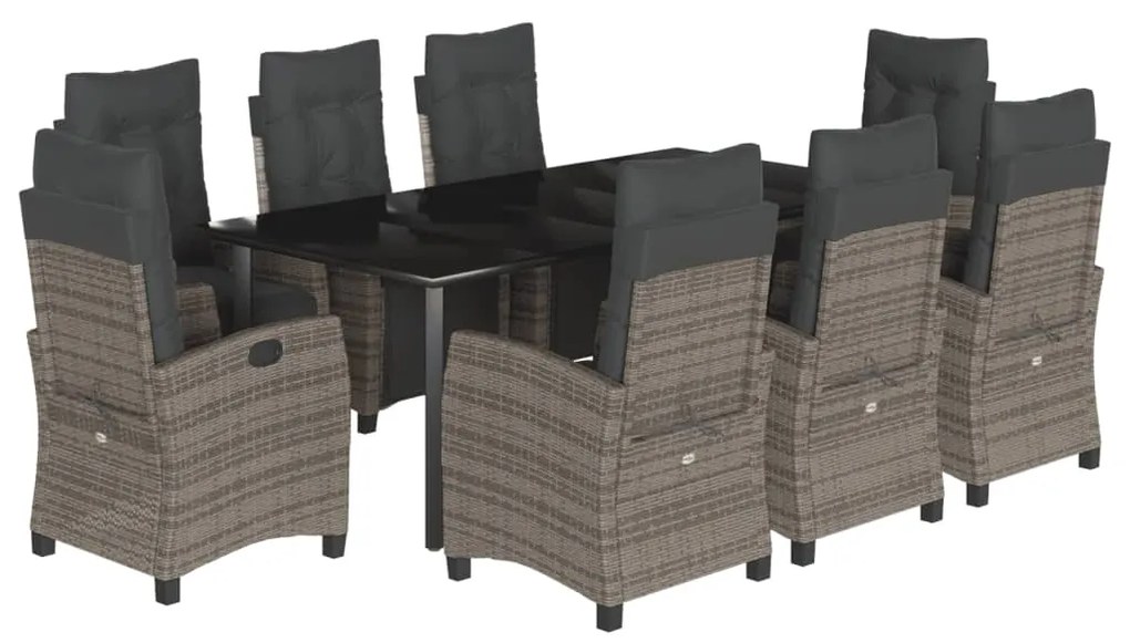 Set da pranzo da giardino 9 pz con cuscini in polyrattan grigio