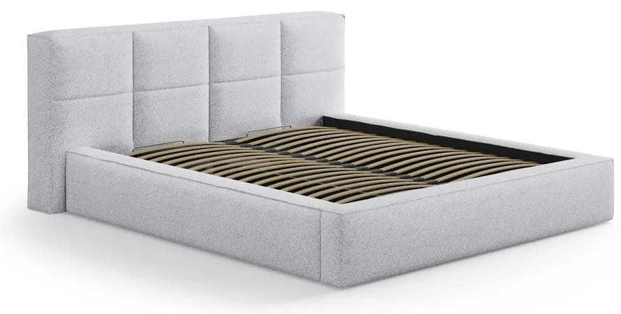 Letto matrimoniale imbottito grigio chiaro con contenitore e rete inclusi 140x200 cm Simon – Micadoni