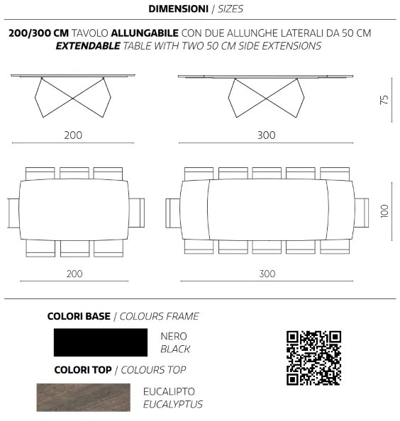 Tavolo allungabile 300 cm con base metallo Nero e piano Eucalipto WALL