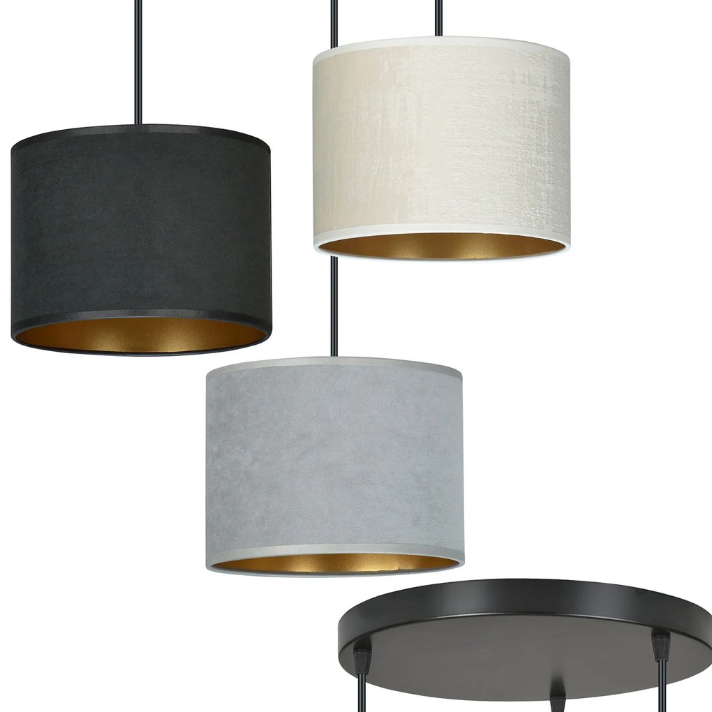 Lampadario Tondo 3 Luci Ganesha In Acciaio Nero E Paralumi In Tessuto Multicolore