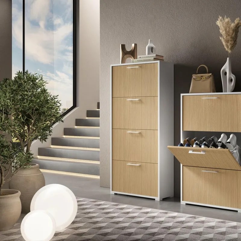 Scarpiera TERRANEO Alby 3 ante apertura a ribalta, doppia profondità L 67 x H 144 x P 40 cm 9 paia, bianco