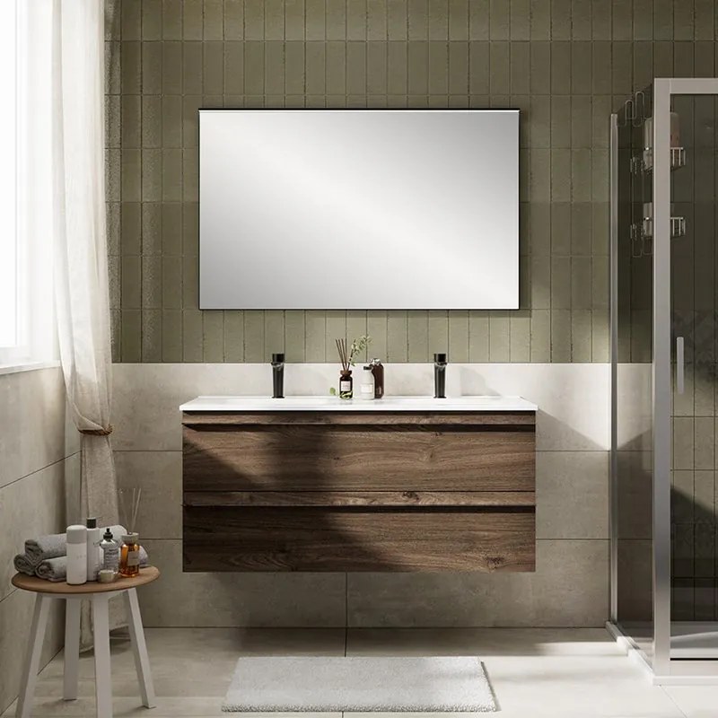 Mobile Linea L120 H55 P45 in laminato rovere cotto 2 cassetti a chiusura ammortizzata e lavabo in ceramica doppia vasca