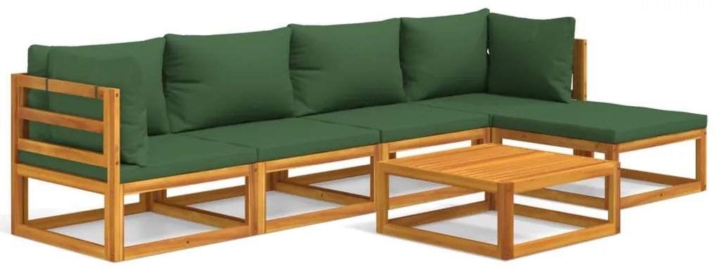 Set Salotto da Giardino 6pz con Cuscini Verdi in Legno Massello