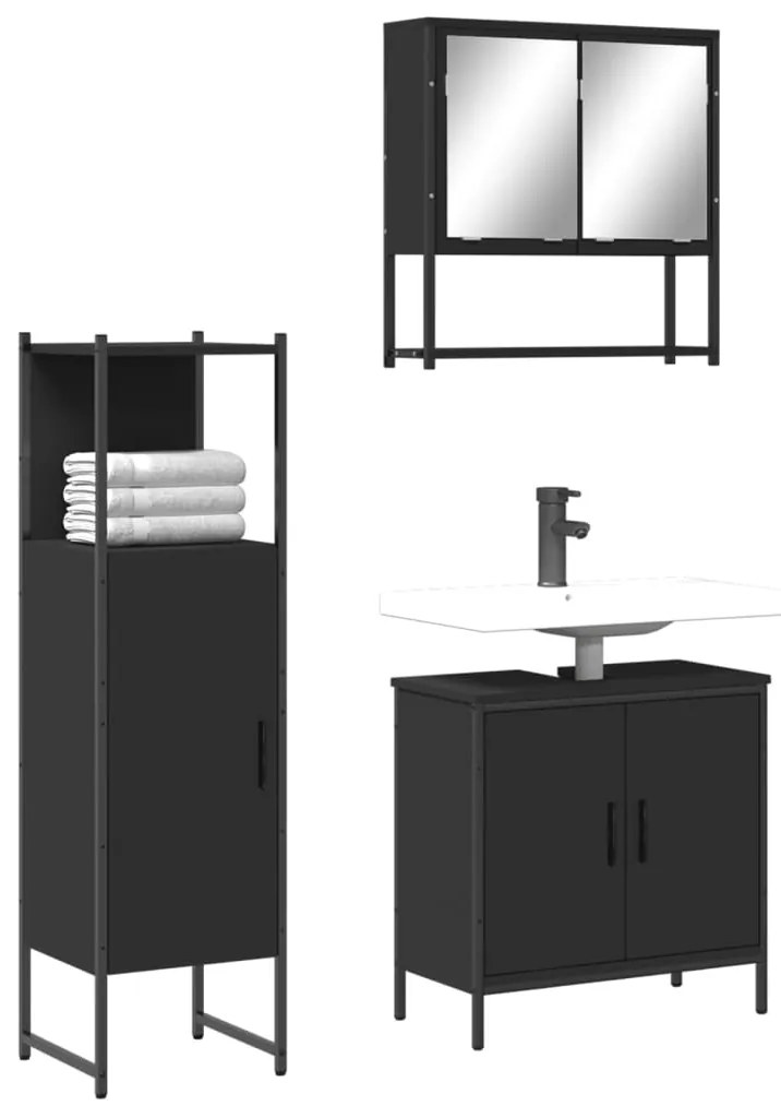 Set Mobili Da Bagno 3 Pz Nero İn Legno Multistrato /