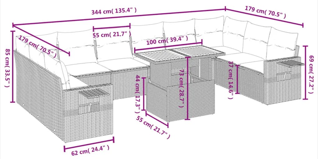 Set divani da giardino 11 pz con cuscini in polyrattan grigio