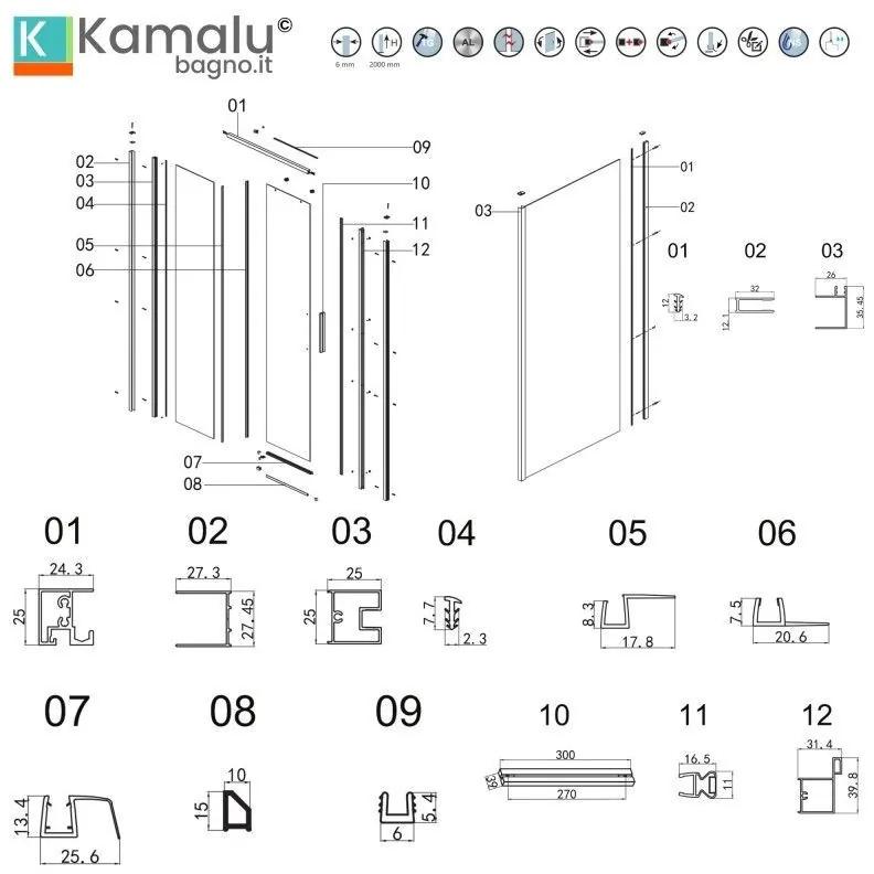 Kamalu - box doccia 70x130 scorrevole e fisso vetro 6mm altezza 200h | kla-4000c