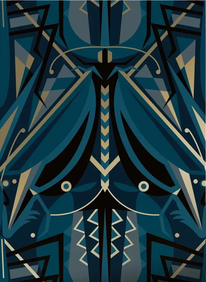KEK Amsterdam Carta da parati Art Deco Animaux Grasshopper Gold - Blue