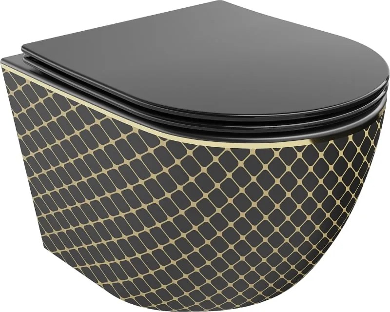 Mexen Lena WC senza bordo con sedile a chiusura rallentata slim, duroplastico, nero opaco/motivo a griglia dorata - 30224079