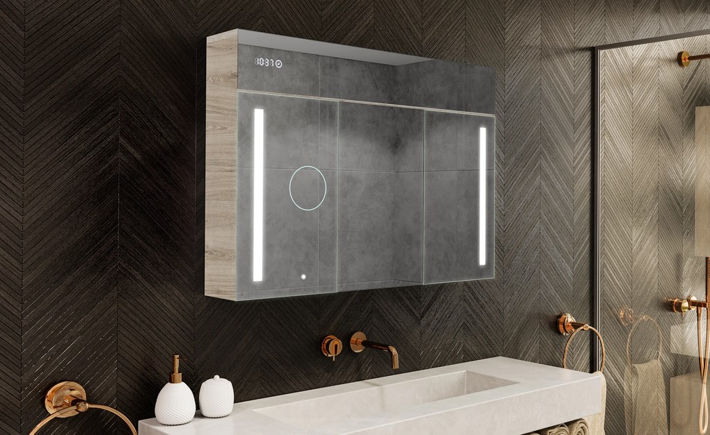 Mobile illuminato con specchio LED, modello Emily L02 - 100 x 72 cm, mobile da bagno dal design moderno con configurazione dell’interruttore dell’illuminazione, nel colore Rovere Oslo