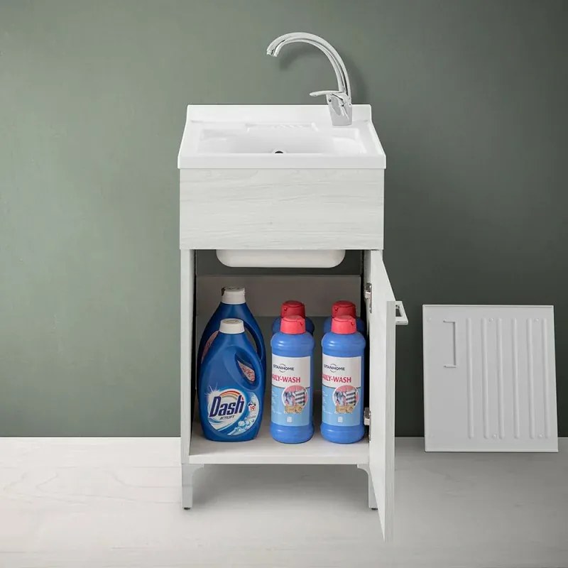 Mobile lavatoio 45x50 cm 1 anta bianco venato con vaschetta in resina