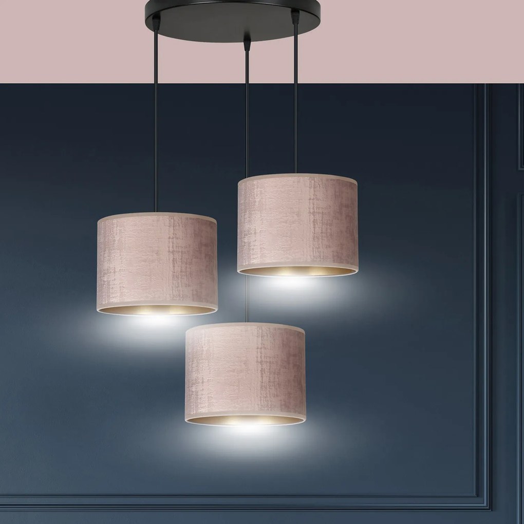 Lampadario Tondo 3 Luci Ganesha In Acciaio Nero E Paralumi In Tessuto Rosa