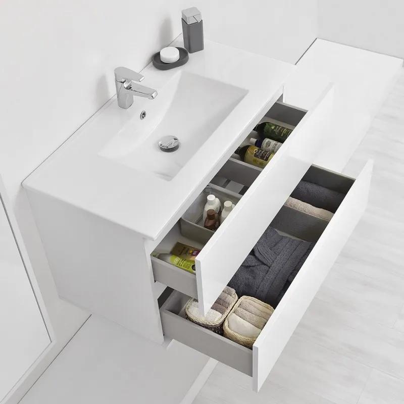 Mobile bagno sospeso 90 cm Duble bianco lucido completo di lavabo e specchio