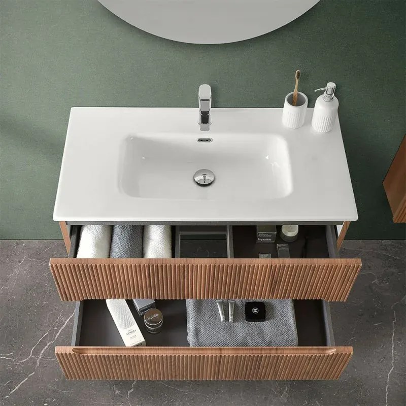 Mobile bagno sospeso cannettato 90 cm noce canaletto con specchio Bali