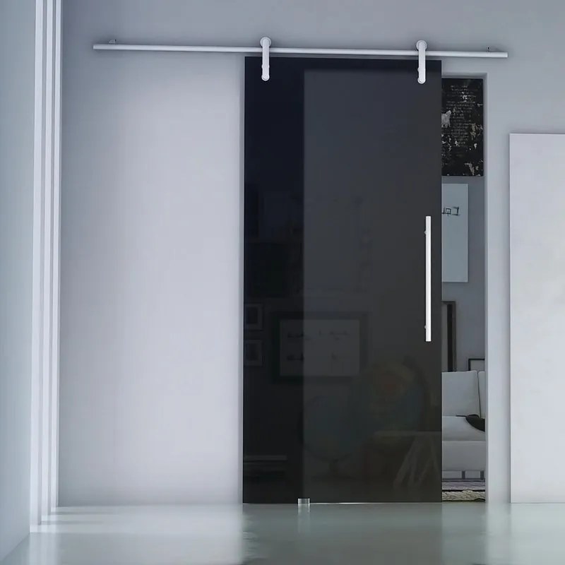 Porta scorrevole Cristal Satinato Fumé in alluminio nero, L 86 x H 215 cm, con binario Ermes Sinistra