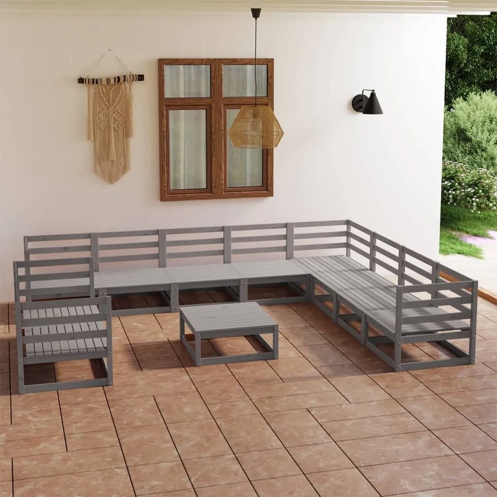 Set divani da giardino 11 pz grigio in legno massello di pino