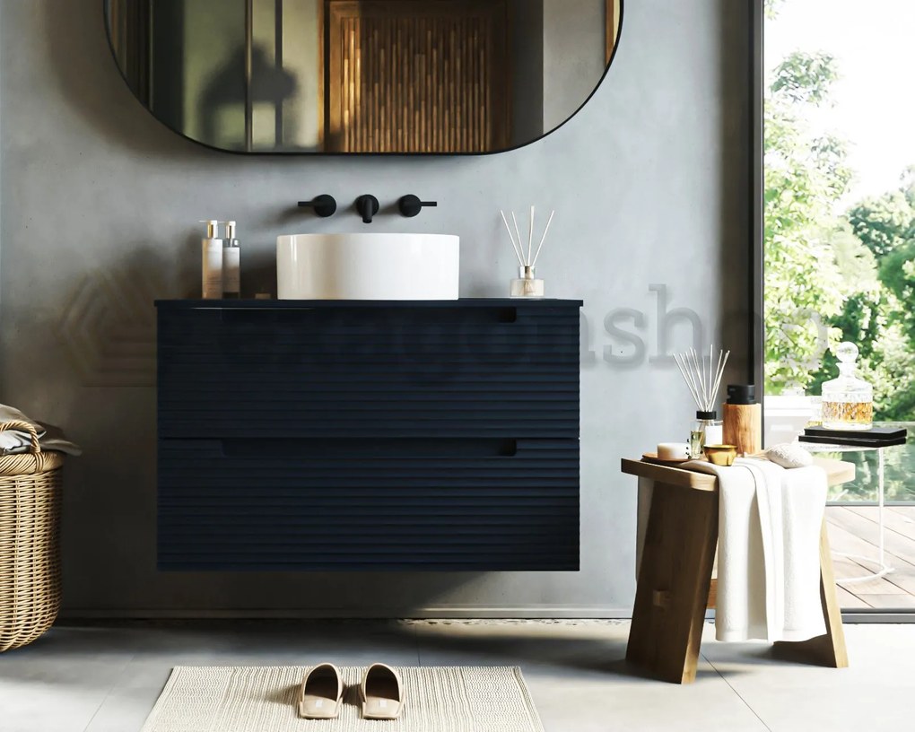 Mobile bagno blu notte 80x45 Mango due cassetti soft close con lavabo tondo da appoggio in ceramica lucida