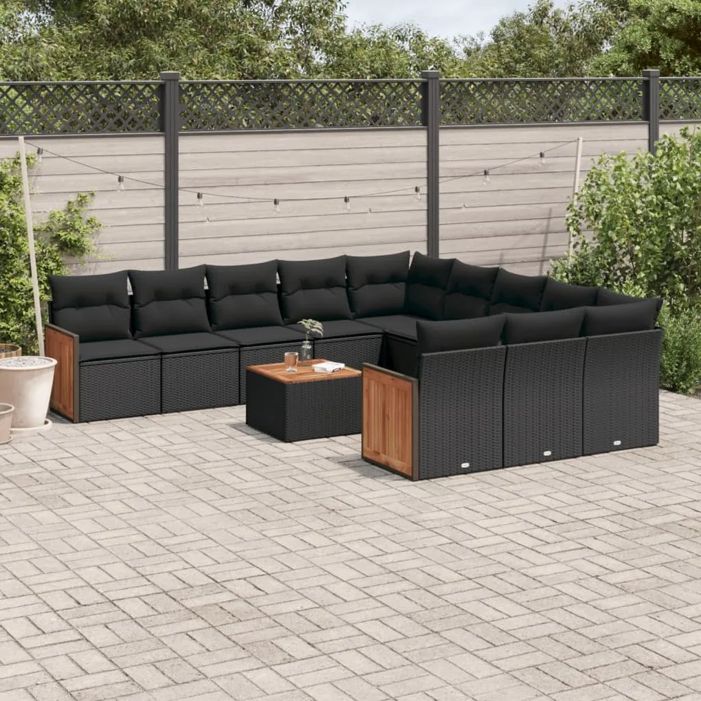 Set divani da giardino 12 pz con cuscini nero in polyrattan