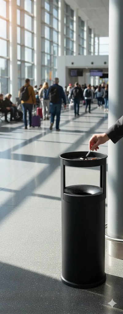 Pattumiera Gettacarte Ø25xh80 cm Autoestinguente Posacenere in Acciaio Verniciato Nero...