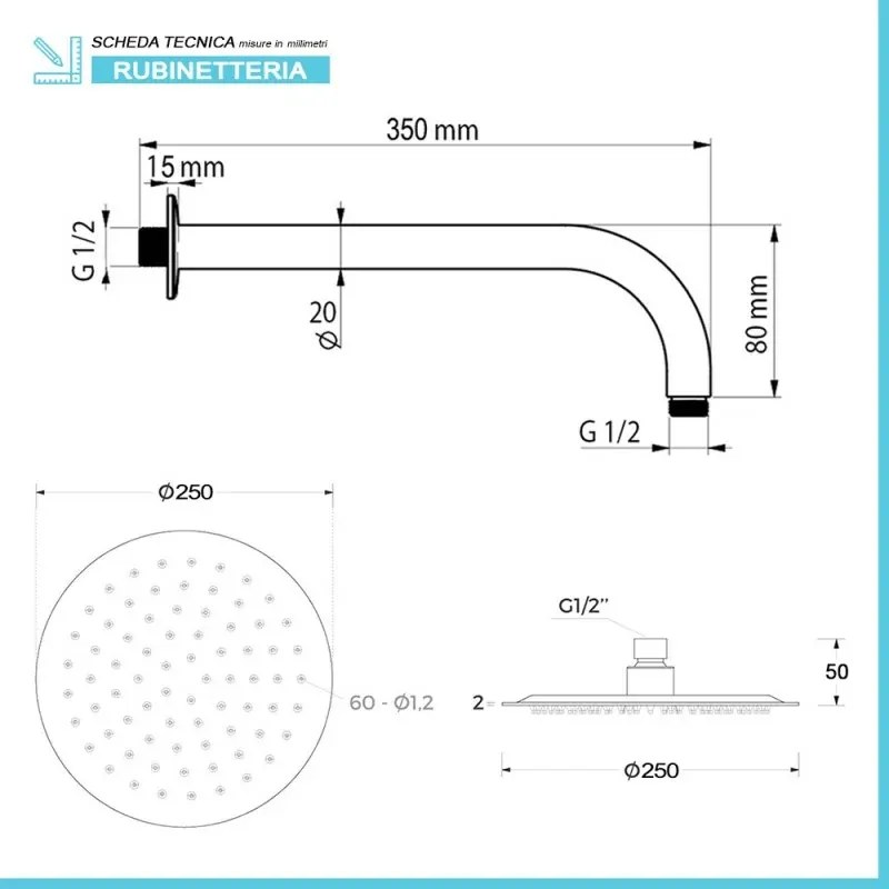 Kit doccia satinato con braccio 35 soffione 25 e set doccia completo Gemini