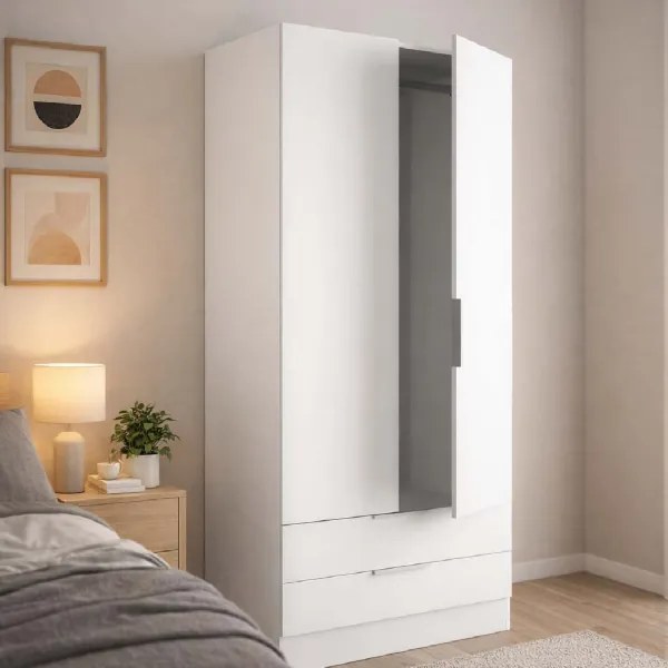 Armadio Kandir 82x184h cm in legno 2 Ante e 2 Cassetti - Bianco Opaco