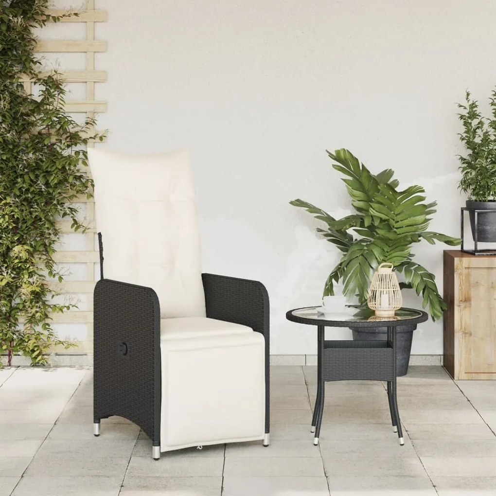 Sedia reclinabile da giardino con cuscini nera in polyrattan