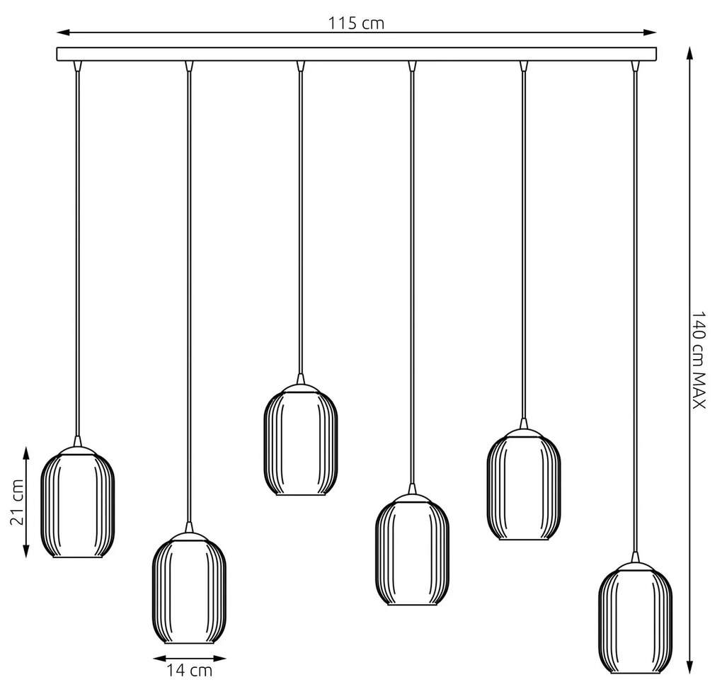 Lampadario 6 Luci Verdi In Acciaio Nero E Vetri Plissettati In Bianco E Fumè