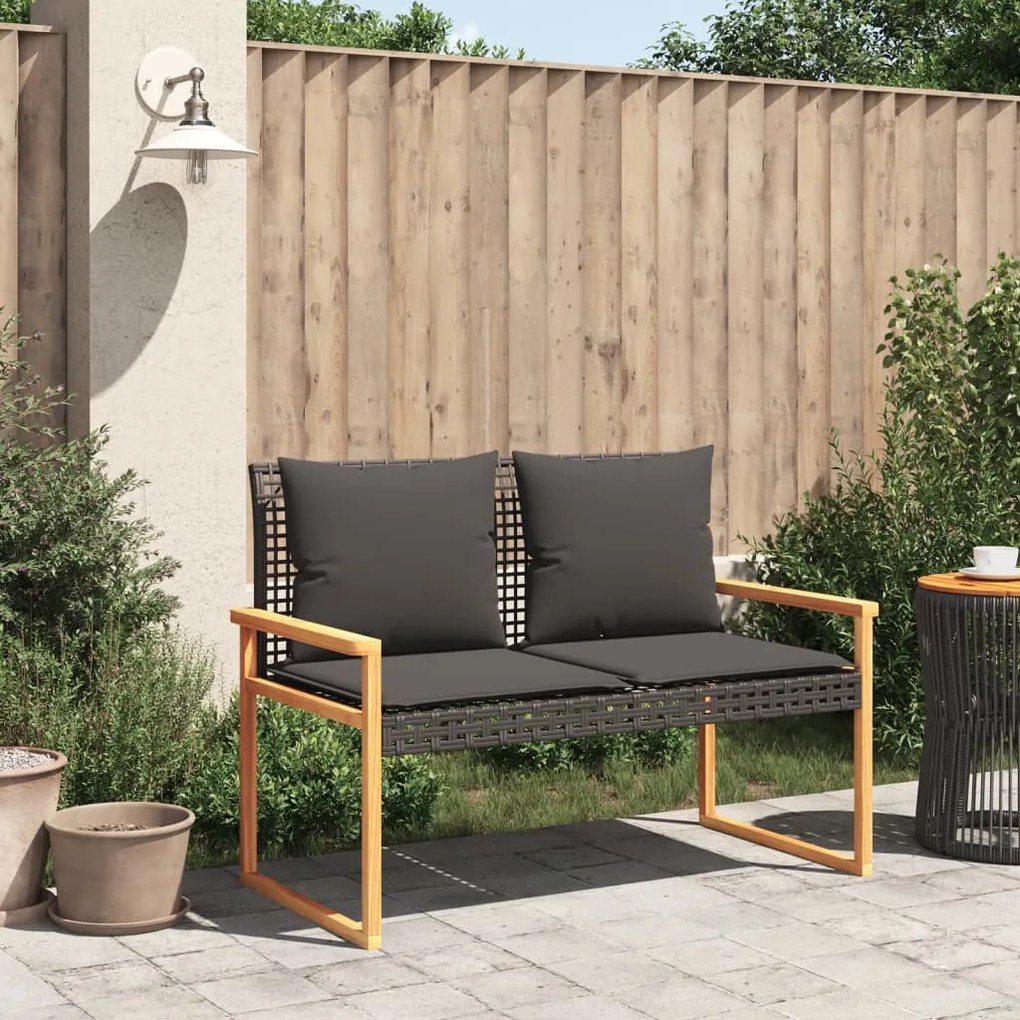 Panca da giardino con cuscino nera in polyrattan e legno acacia