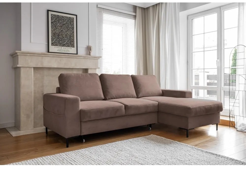Divano letto in velluto a coste marrone (angolo destro) Lofty Lilly - Miuform