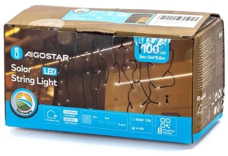 Aigostar - Catena luminosa solare LED, 100 LED, 8 modalità, 8 x 0,6 m, IP65, bianco freddo