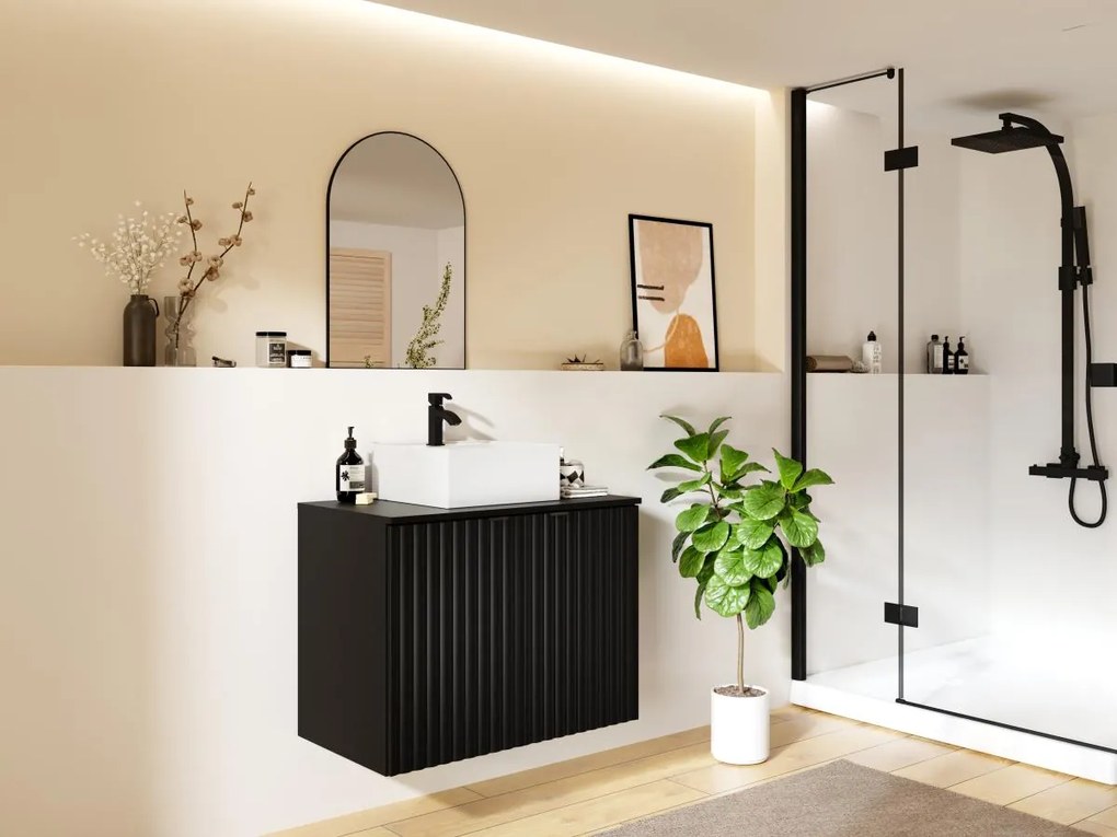 Mobile per bagno sospeso con scanalature e lavabo da appoggio L80 cm Nero - ZILGA