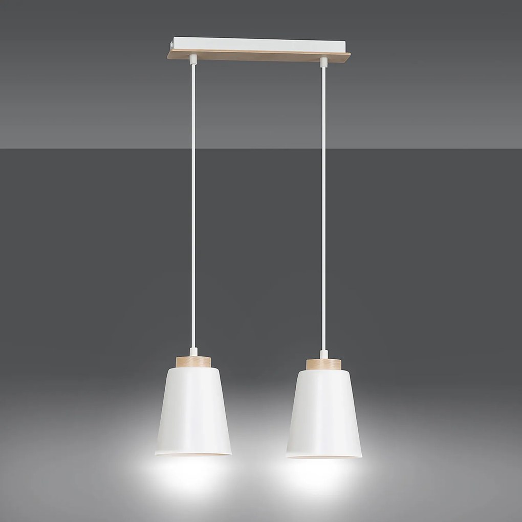 Lampadario 2 Luci Lancillotto Con Paralumi A Cono In Acciaio Bianco E Legno Naturale