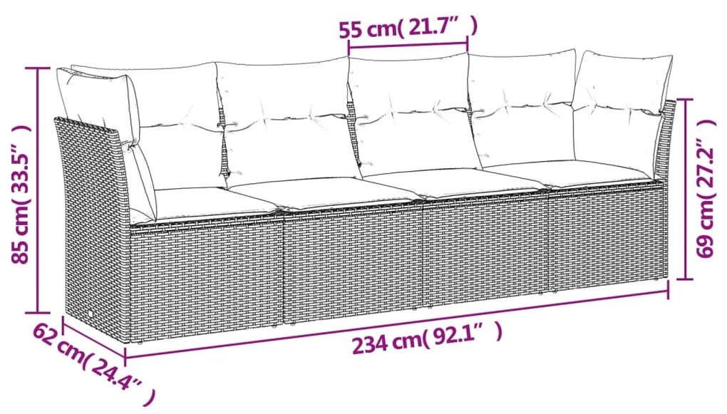 Set divani da giardino 4 pz con cuscini in polyrattan grigio