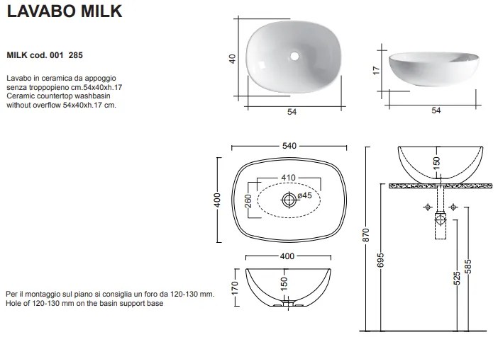 Milk Lavabo Appoggio 54x40x17 Antracite Matt