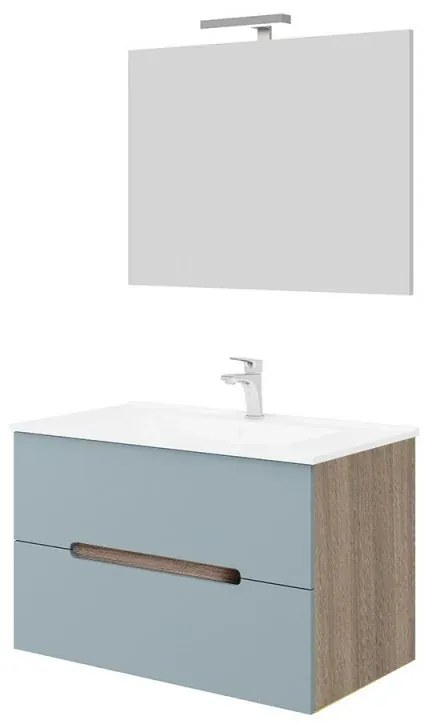 Mobile bagno sospeso 80 rovere fumo e blu pastello con lavabo e specchio Iris
