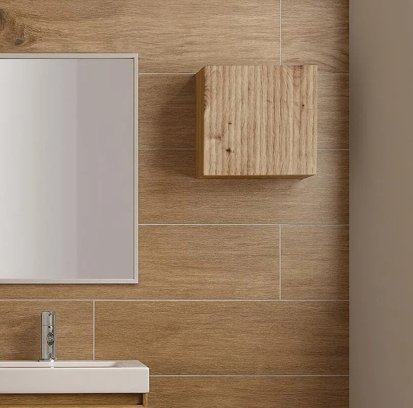 Pensile bagno Portofino rovere oro in vetro, 1 anta apertura da sinistra P 15 x L 30 x H 30 cm