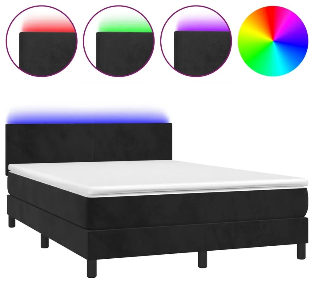 Letto a molle con materasso e led nero 140x190 cm in velluto