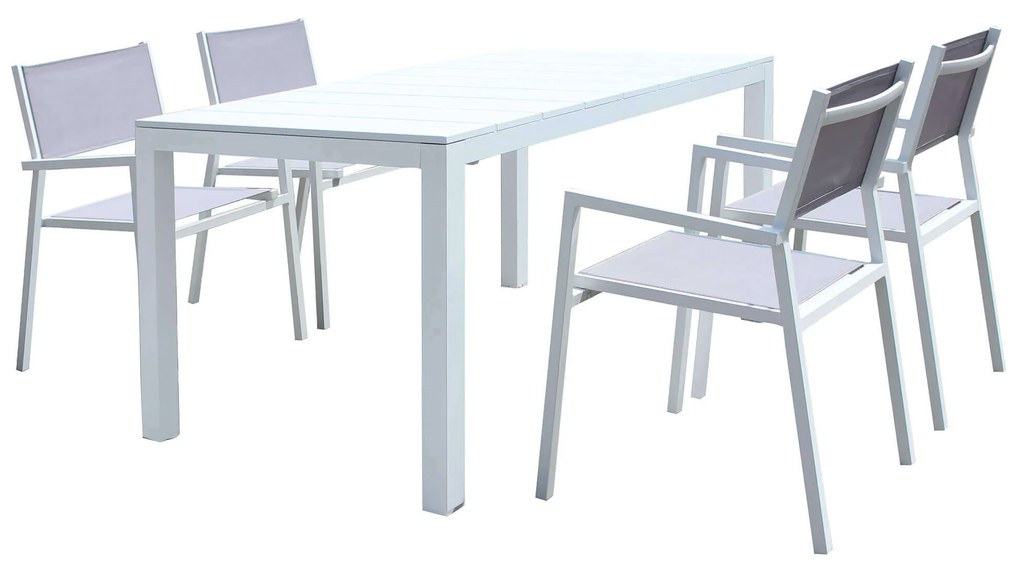 ALASKA - set tavolo in alluminio cm 148/214 x 85 x 75,5 h con 4 poltrone Aulus