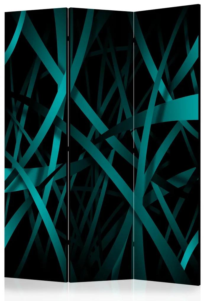 Paravento design Sfondo scuro (3-parti) - labirinto di nastri smeraldo su sfondo nero