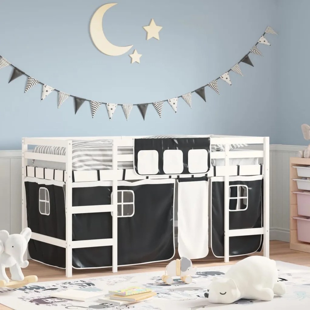 Letto A Soppalco Bambini Con Tende Bianco E Nero 90x190 Cm Pino /