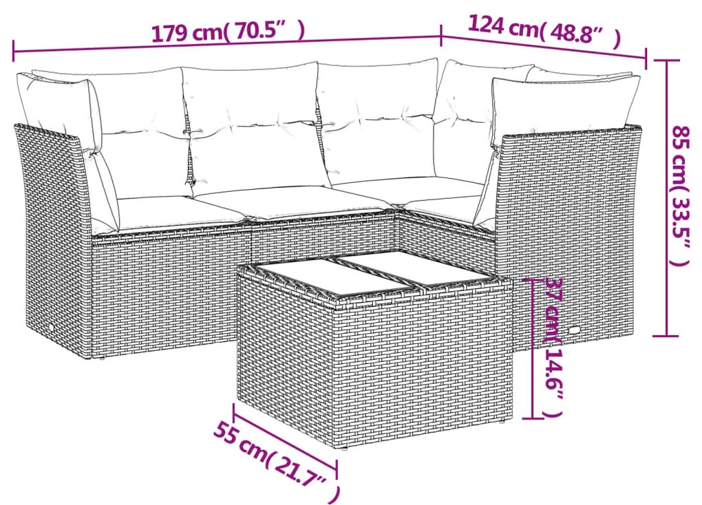 Set divano da giardino 5 pz con cuscini grigio in polyrattan