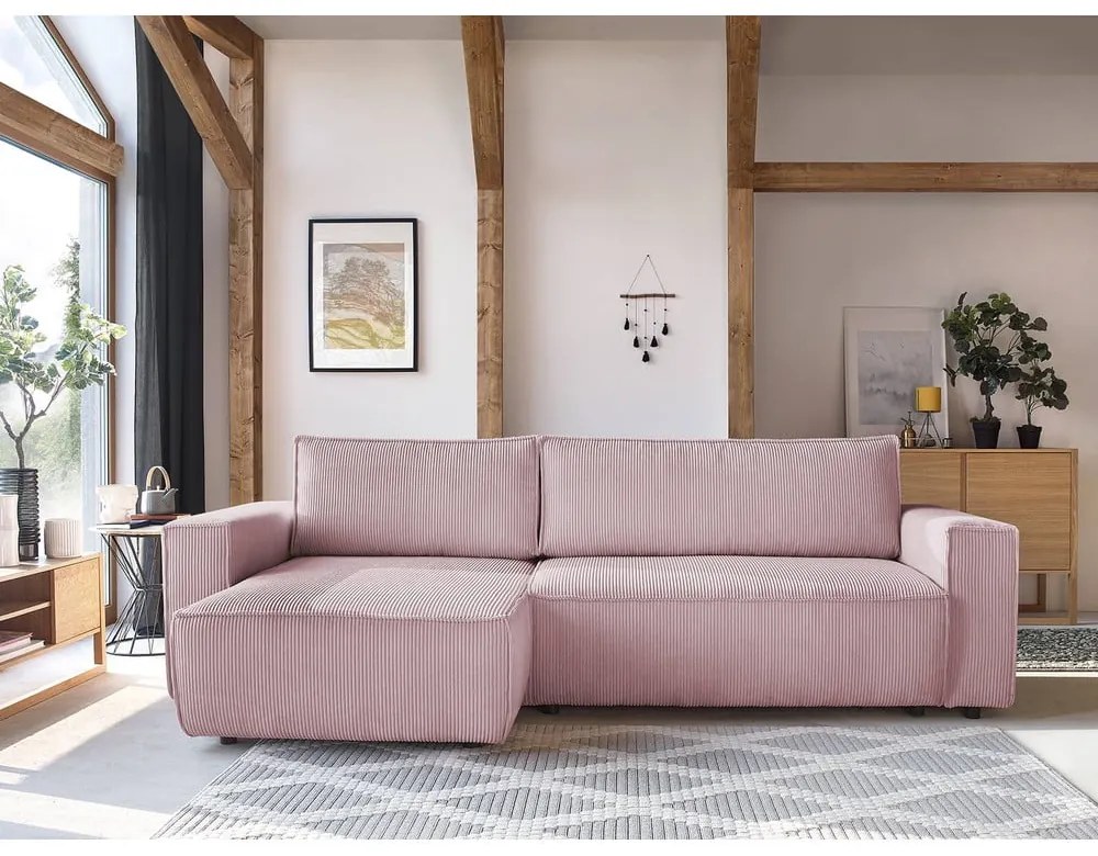 Divano letto in velluto a coste rosa chiaro divano ad angolo variabile Nihad - Bobochic Paris