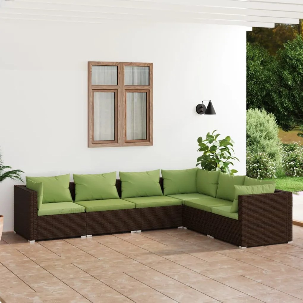 Set divani da giardino 6 pz con cuscini in polyrattan marrone