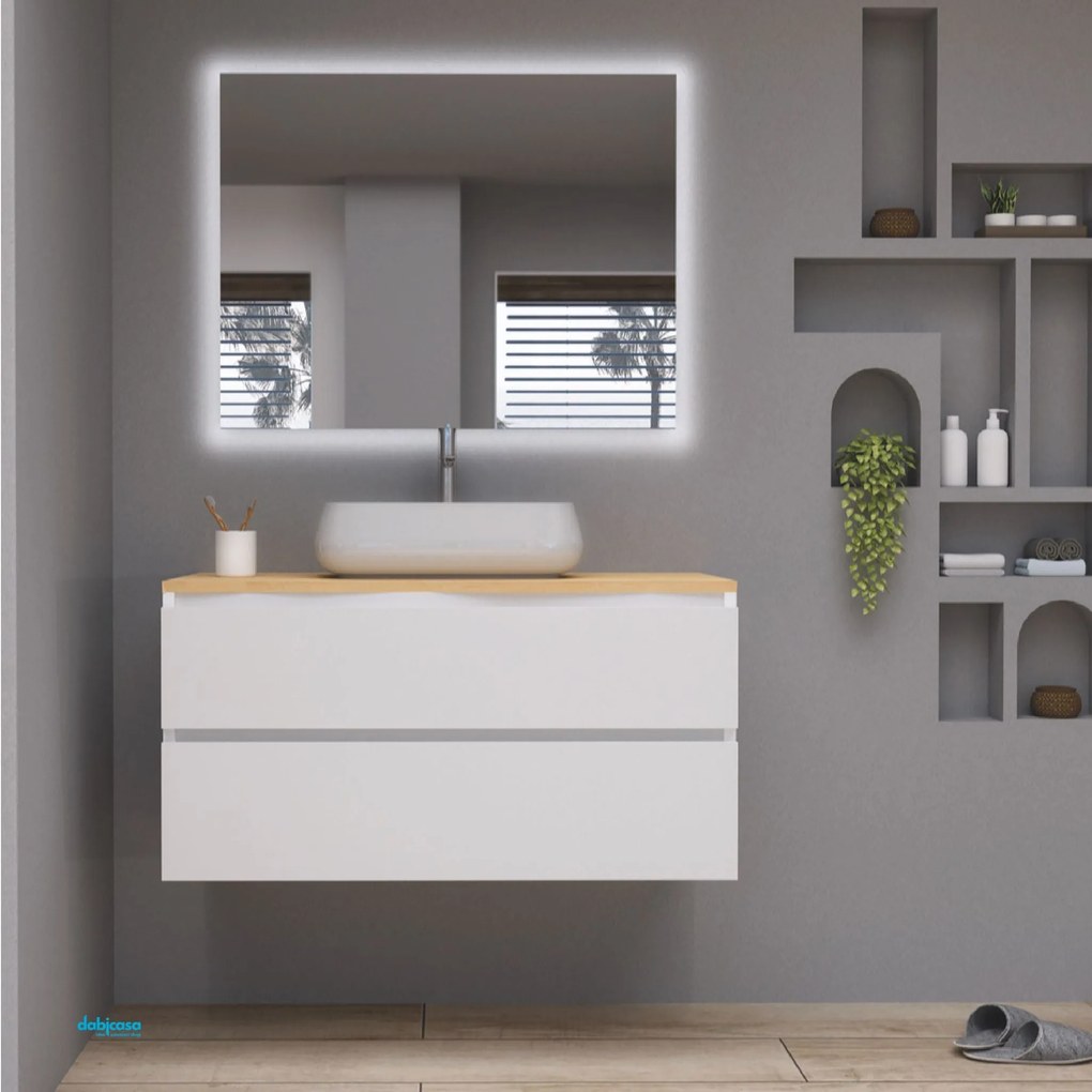 Mobile Bagno Sospeso "Vulcano Piano 2" Da 50 Cm Composto Da Due Cassetti Finitura Rovere Americano/Bianco Frassino