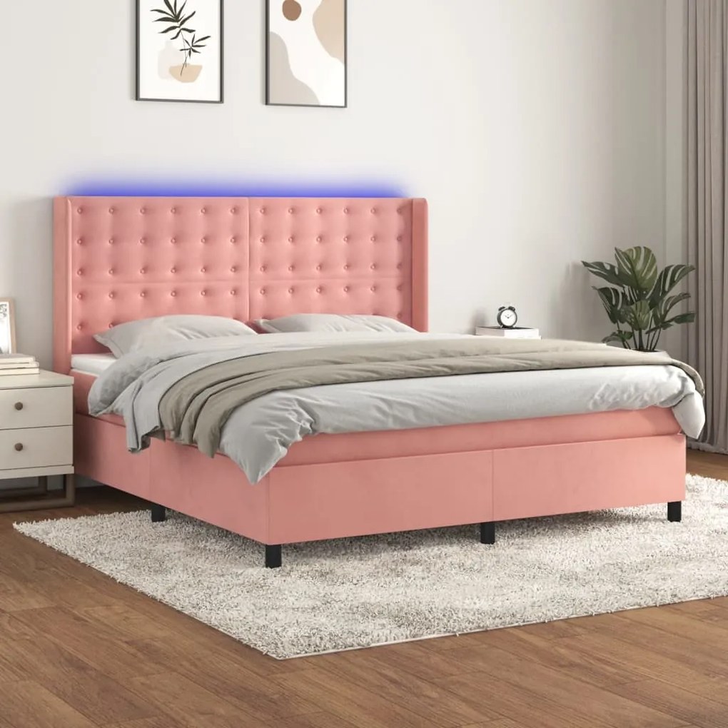 Letto A Molle Con Materasso E Led Rosa 160x200 Cm İn Velluto /