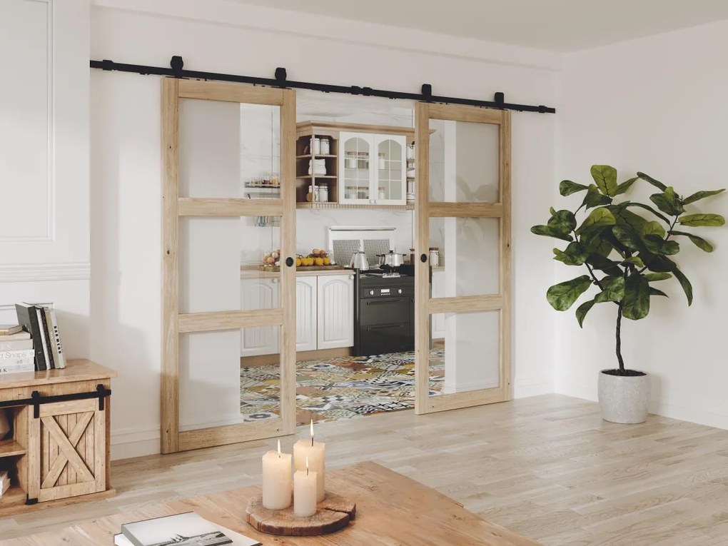 Porta scorrevole doppia con sistema esterno muro in legno e vetro temp. 3 finestre 2xH205xL73cm - ACOSTA II