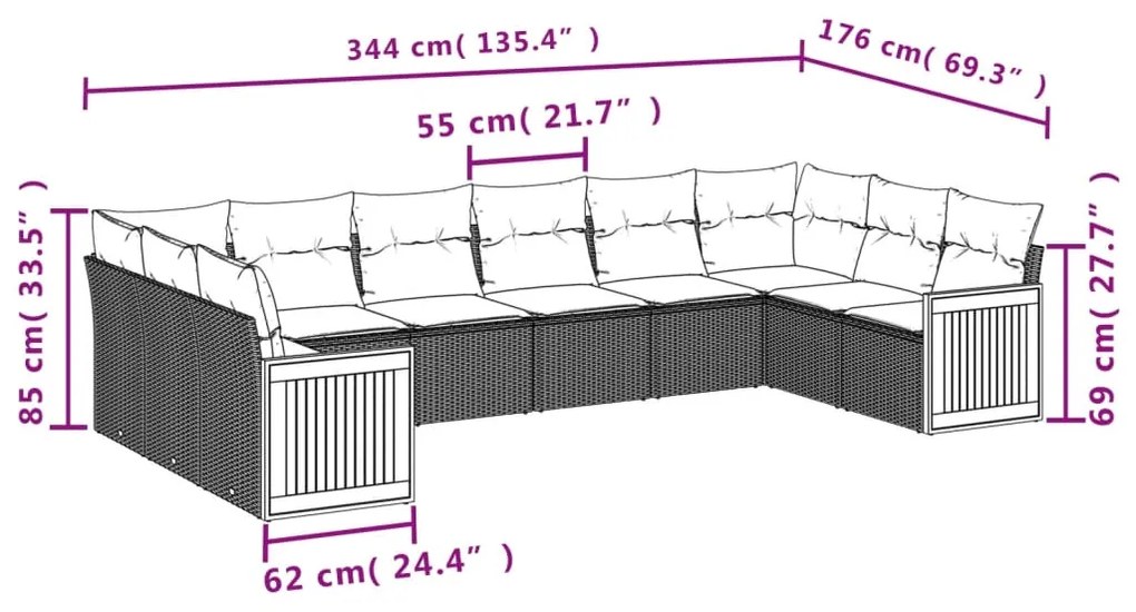 Set Divano da Giardino 10 pz con Cuscini Grigio in Polyrattan