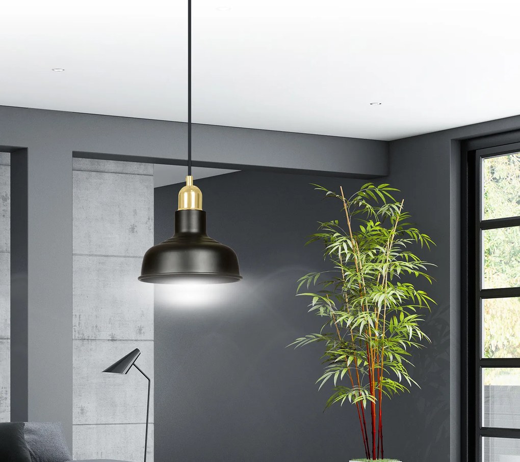 Sospensione Industrial 1 Luce Kubera In Acciaio Nero Con Elementi In Oro